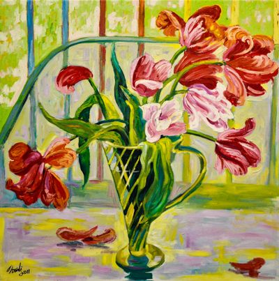 Tulip On The Deck, 24"×24" oil on canvas